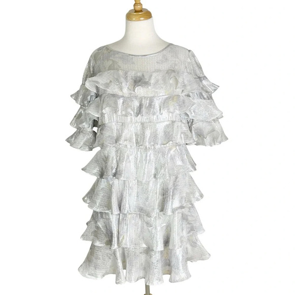NEW Rebecca Taylor Shadow Lily Metallic Silver Silk
Ruffle Mini Dress Size 12 - Picture 5 of 15